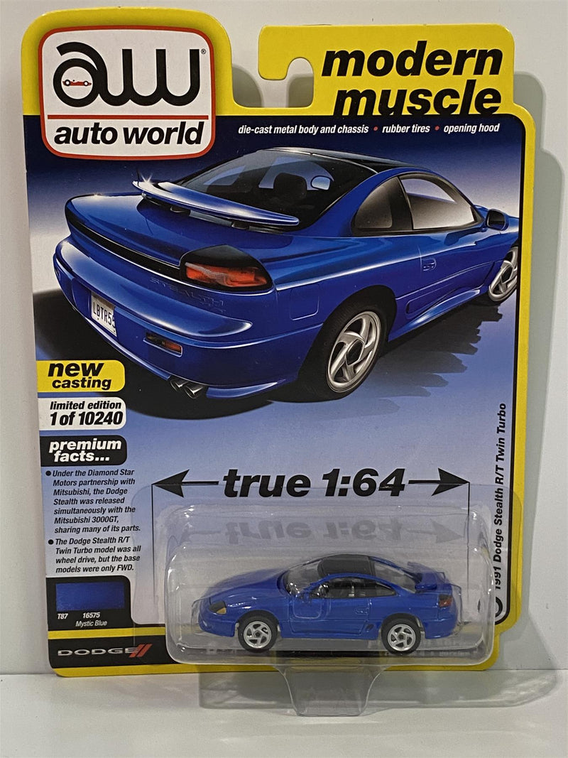 1991 dodge stealth r/t twin turbo mystic blue 1:64 auto world aw64282b