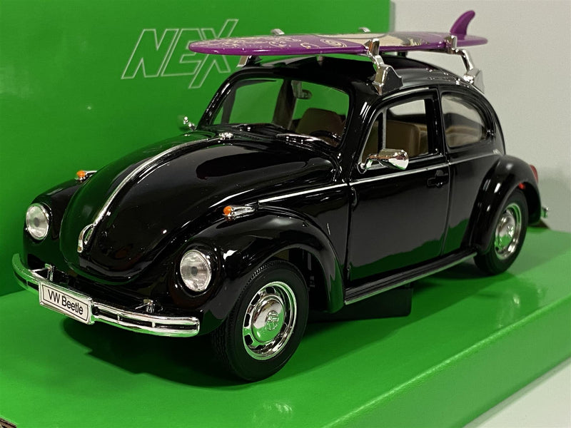 vw beetle black with surf board 1:24 scale welly 22436sbbk