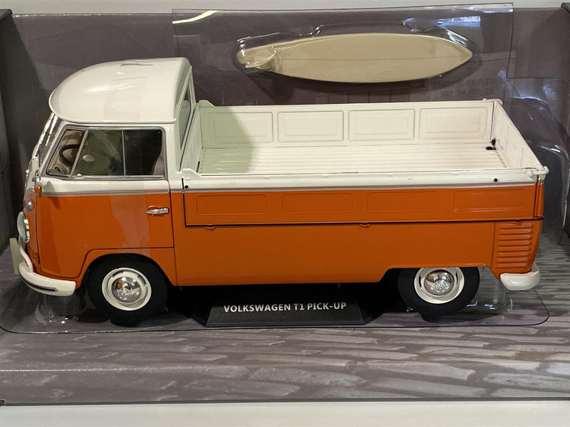 vw t1 pick up orange and white 1:18 scale solido 1806701