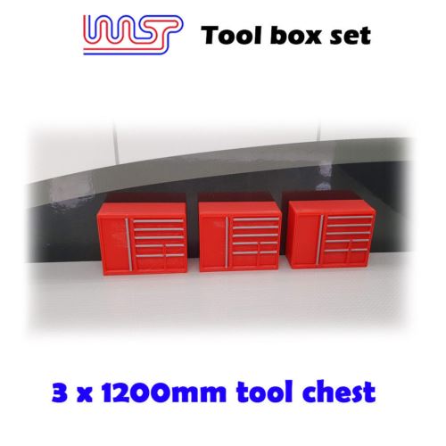 slot car garage pit scenery 1200mm - tool chest x 3 red 1:32 scale